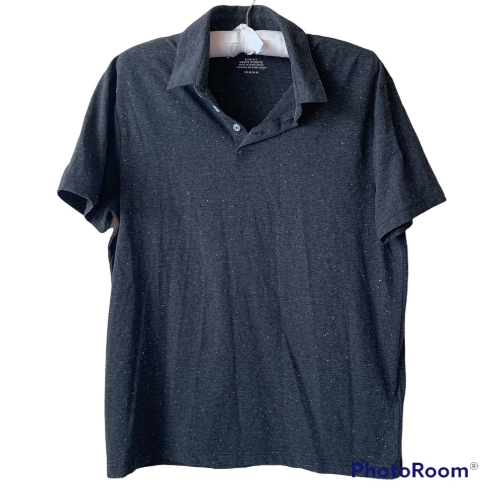 H&M Dark Gray Short Sleeve Polo Shirt Slim Fit White Splatter Dots Medium